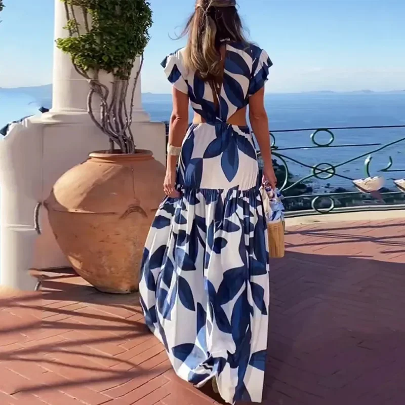 Dress Women Printed V-neck Puff Sleeve Long Sexy Waist-Baring Dress High Waist Beach Summer Hollow Out Big Swing Dress
Dress Women Printed V-neck Puff Sleeve Long Sexy Waist-Baring Dress High Waist Beach Summer Hollow Out Big Swing Dress