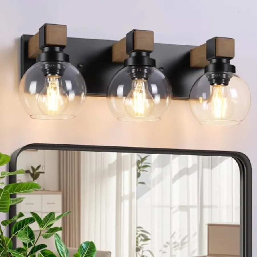 Farmhouse Bathroom Light Fixtures 3-Light Rustic Wood Bathroom Lights Over Mirror with Glass Globe Shades Matte Black Wall Moun
Farmhouse Bathroom Light Fixtures 3-Light Rustic Wood Bathroom Lights Over Mirror with Glass Globe Shades Matte Black Wall Moun