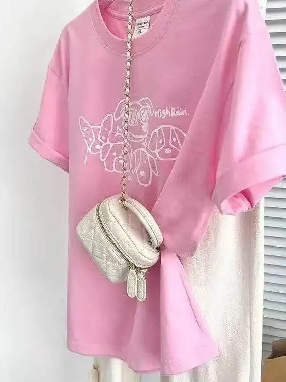 Pink Cartoon Print Short Sleeve T-Shirt Women's Loose Slimming Lightweight Casual Top Korean Style Polyester Fiber Warmth
Pink Cartoon Print Short Sleeve T-Shirt Women's Loose Slimming Lightweight Casual Top Korean Style Polyester Fiber Warmth