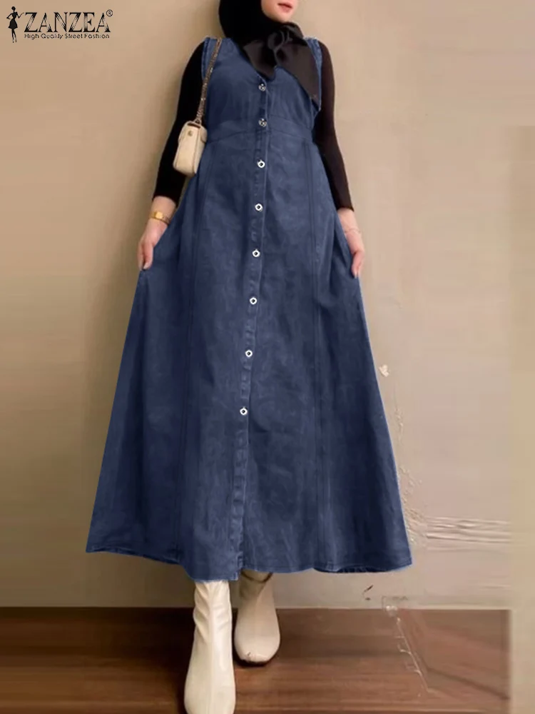 ZANZEA Muslim Abaya Women Overalls Dress Fashion Summer Solid Denim Blue Vestidos IsIamic Clothing V Neck Sleeveless Sundress
ZANZEA Muslim Abaya Women Overalls Dress Fashion Summer Solid Denim Blue Vestidos IsIamic Clothing V Neck Sleeveless Sundress
