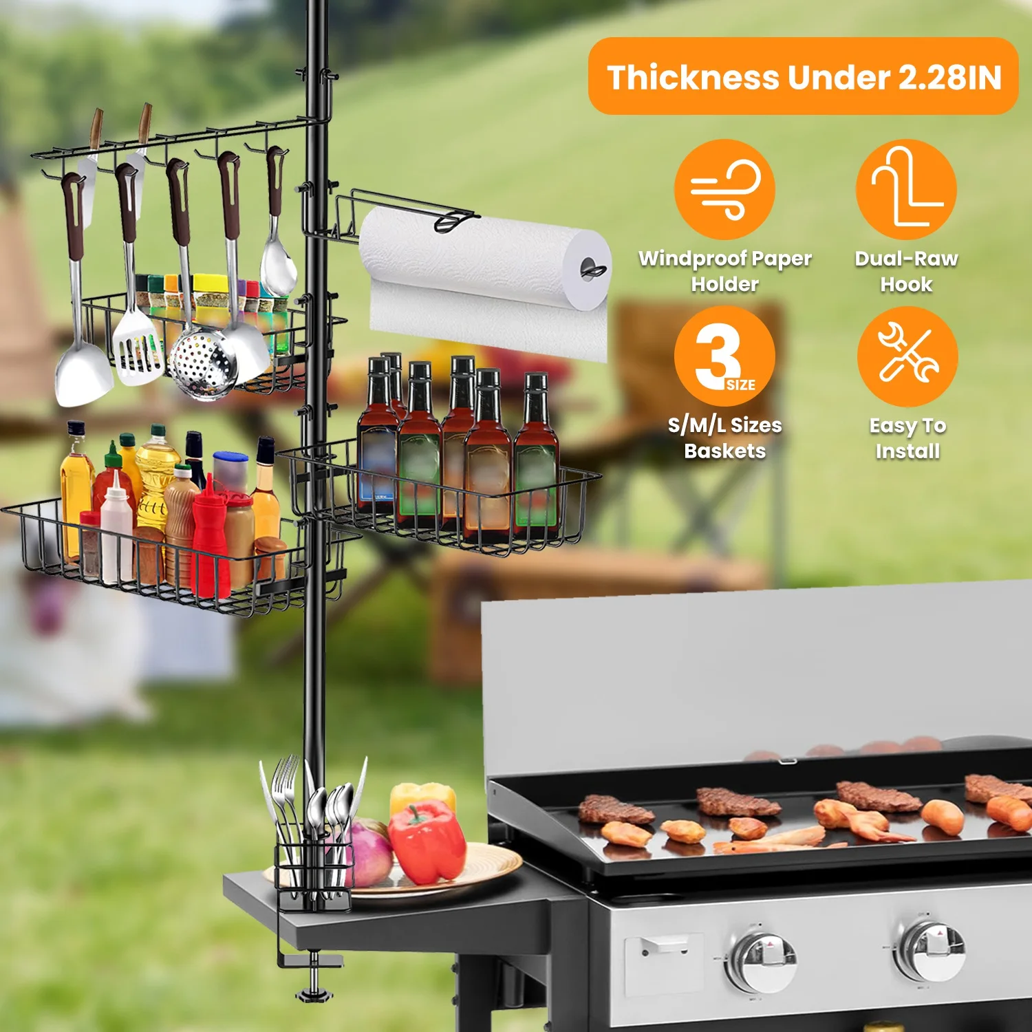 Upgraded griddle BBQ storage caddy with paper towel holder & 10 rustproof hanging hooks, C-clamp base keeps outdoor grill table tidy
Upgraded griddle BBQ storage caddy with paper towel holder & 10 rustproof hanging hooks, C-clamp base keeps outdoor grill table tidy