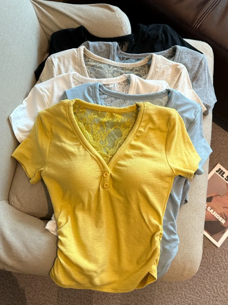 Pure Desire Sexy Girl Back Lace Splicing Short Sleeve T-Shirt Women's V-neck Button up Short Top Spring Summer New Style
Pure Desire Sexy Girl Back Lace Splicing Short Sleeve T-Shirt Women's V-neck Button up Short Top Spring Summer New Style