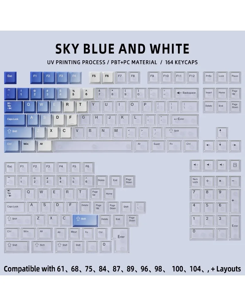 Gradual change five sided PBT transparent keycaps PC thermal sublimation A layout mechanical keyboard
Gradual change five sided PBT transparent keycaps PC thermal sublimation A layout mechanical keyboard