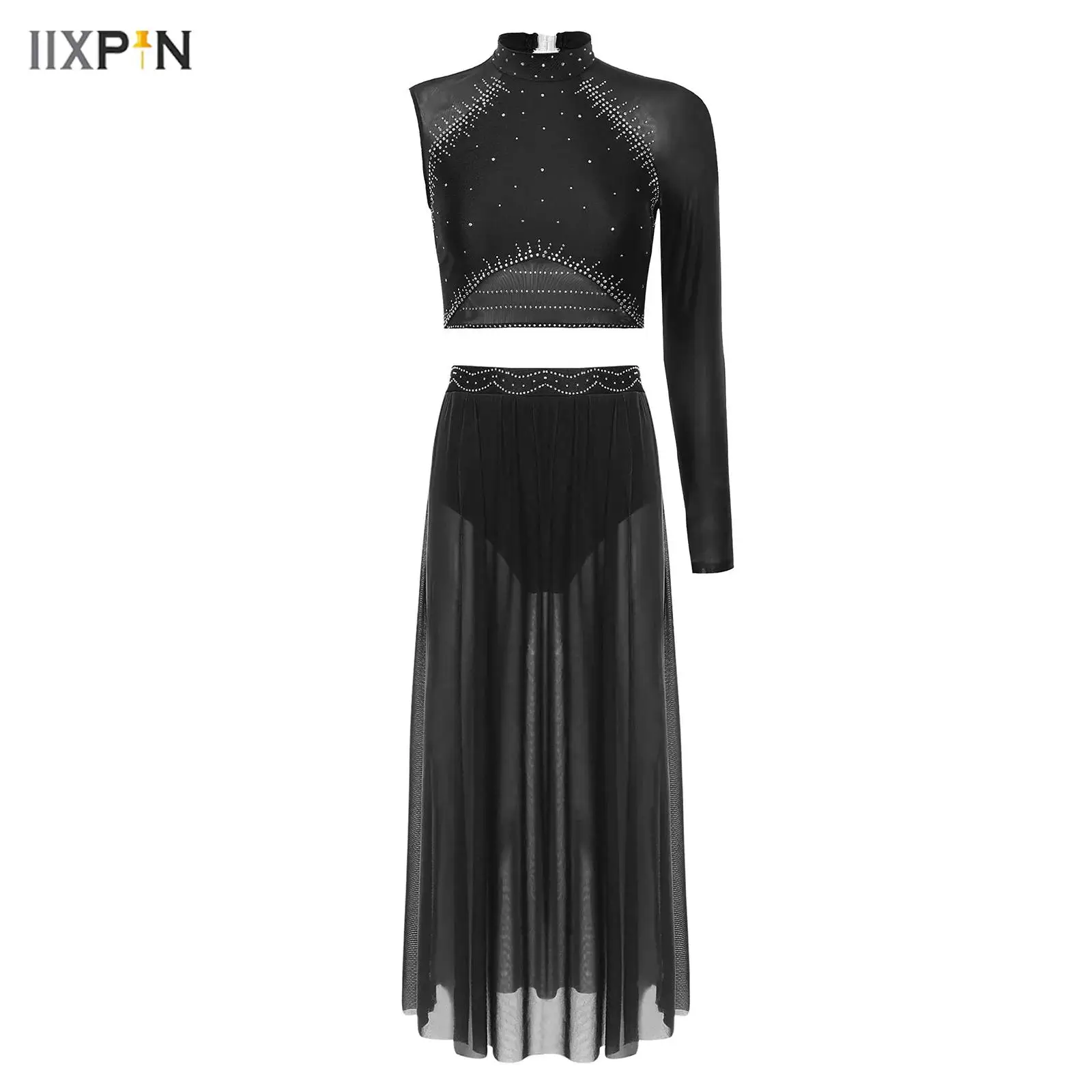 Lyrical Dance Outfits Womens Single Long Sleeve Backless Rhinestone Crop Top and Mesh Skirt 2-piece Figure Skating Dancewear 
Lyrical Dance Outfits Womens Single Long Sleeve Backless Rhinestone Crop Top and Mesh Skirt 2-piece Figure Skating Dancewear