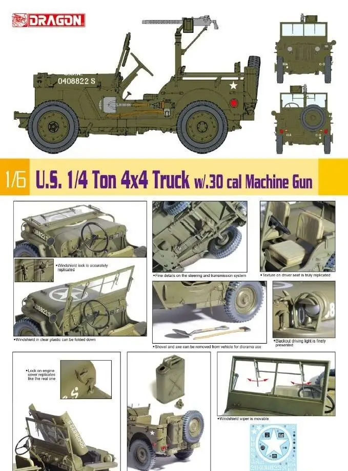 Dragon 75050 1/6 Scale U.S. 1/4 Ton 4╳4 Truck w/.30 cal Machine Gun Model Kit
Dragon 75050 1/6 Scale U.S. 1/4 Ton 4╳4 Truck w/.30 cal Machine Gun Model Kit