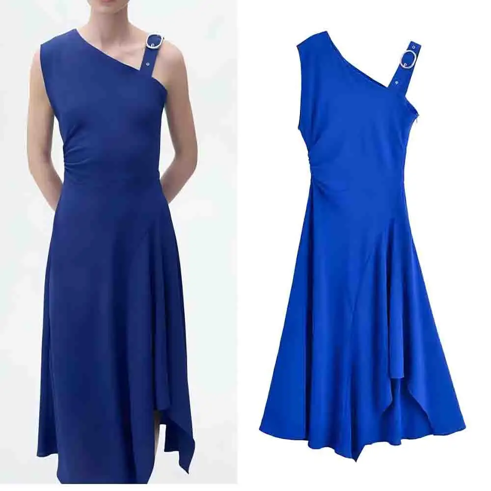 Women's new fashion metal buckle design slim slanted shoulder asymmetric MIDI dress retro sleeveless women's dress
Women's new fashion metal buckle design slim slanted shoulder asymmetric MIDI dress retro sleeveless women's dress