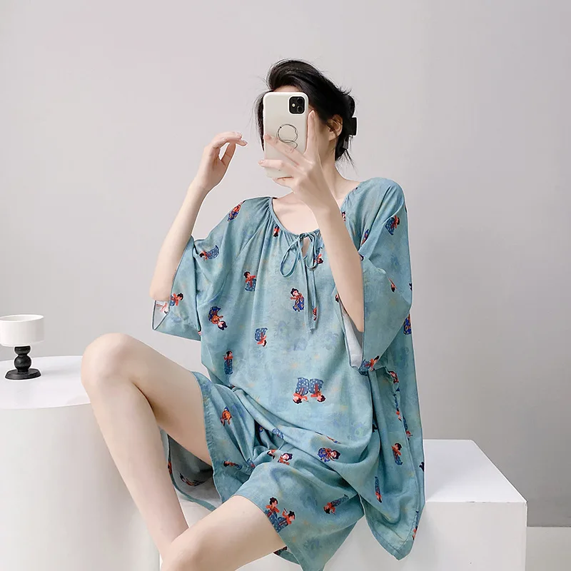Cotton Silk Pajamas Sets Women's Summer Short-sleeved Tops Shorts Pants 2PCS Large Size Print Sleepwear Set Thin Loungewear Suit
Cotton Silk Pajamas Sets Women's Summer Short-sleeved Tops Shorts Pants 2PCS Large Size Print Sleepwear Set Thin Loungewear Suit