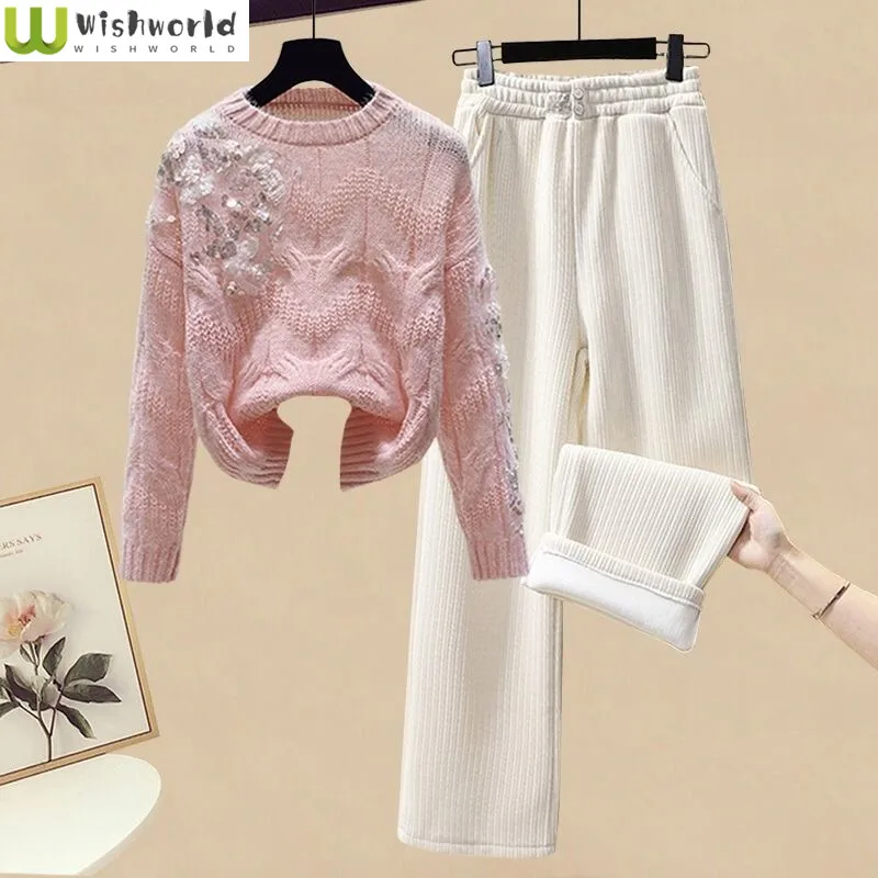 Kpop Winter New Plush Thickened Wide Leg Pants Sequin Decoration Knitted Sweater Pullover Two-piece Elegant Women's Pants Set
Kpop Winter New Plush Thickened Wide Leg Pants Sequin Decoration Knitted Sweater Pullover Two-piece Elegant Women's Pants Set