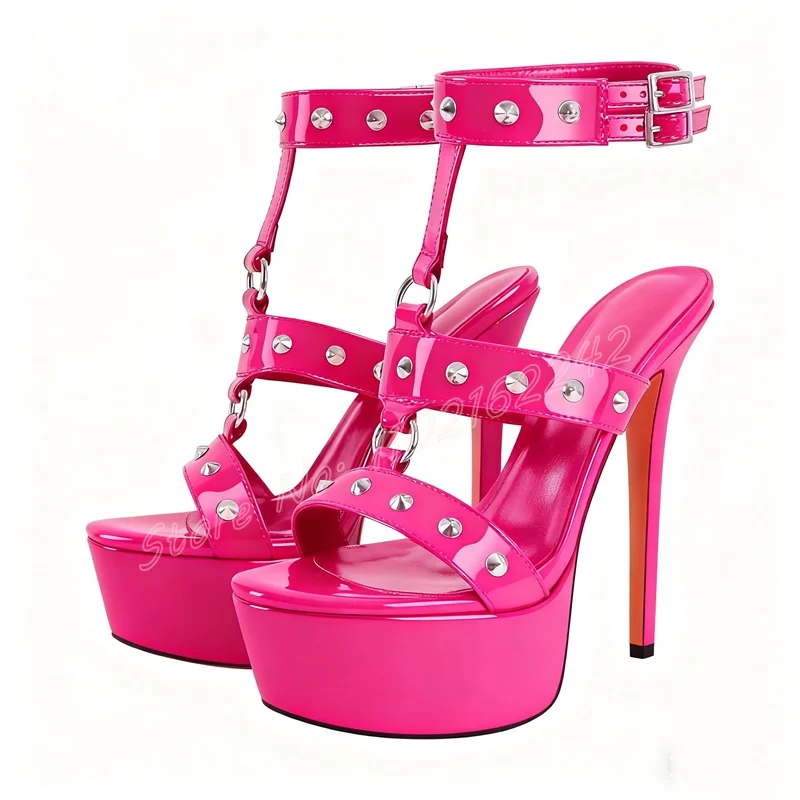 Women'S Rose Red Patent Leather Rivet High Heels Round Toe Stiletto Belt Buckle Platform Shoes Party Pole Dance Gladiator Shoes
Women'S Rose Red Patent Leather Rivet High Heels Round Toe Stiletto Belt Buckle Platform Shoes Party Pole Dance Gladiator Shoes