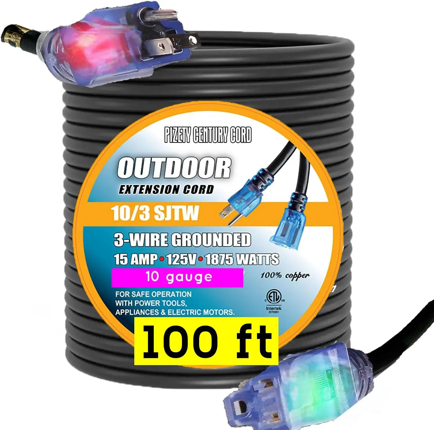 100 ft Extension Cord 10/3 - 10 Gauge Outdoor Heavy Duty Power Cable, 15 Amp 1875W, Waterproof SJTW with Lighted End, 3-Prong
100 ft Extension Cord 10/3 - 10 Gauge Outdoor Heavy Duty Power Cable, 15 Amp 1875W, Waterproof SJTW with Lighted End, 3-Prong