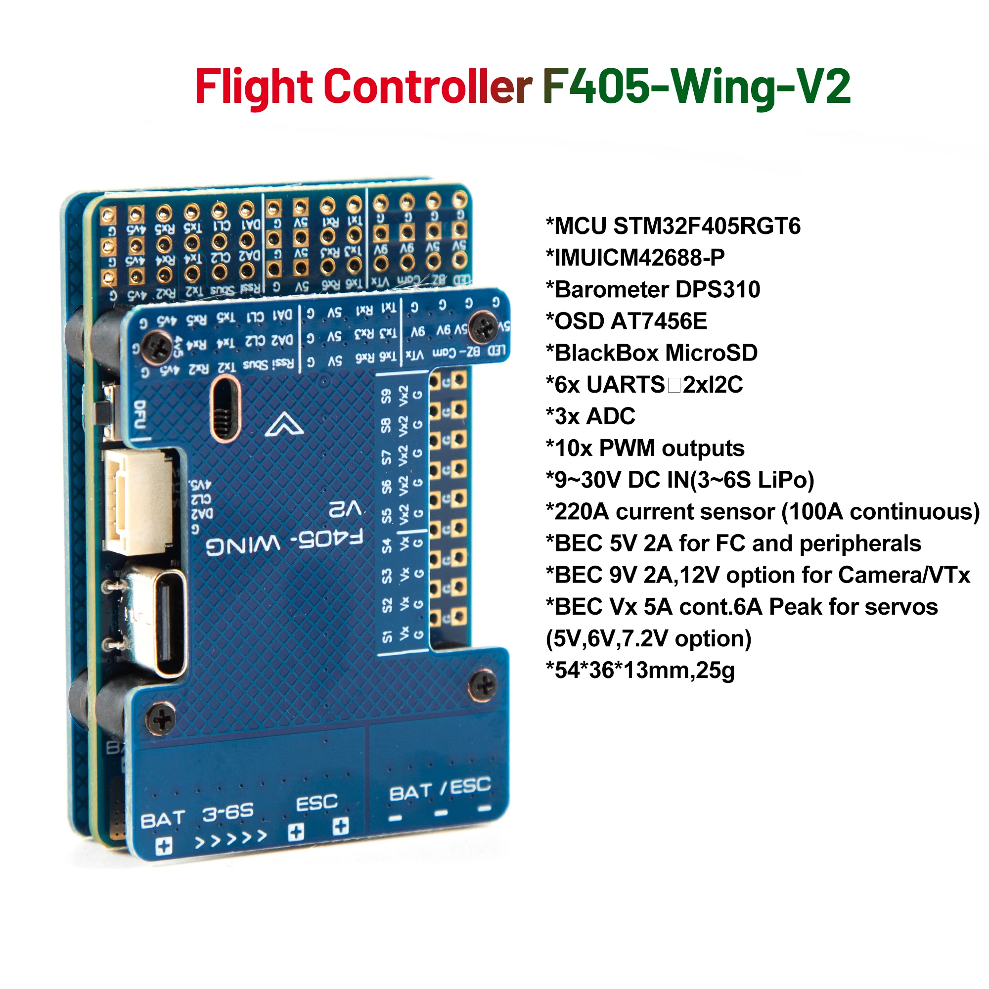 Flight Controller F405-WING-V2 STM32F405RGT6 FC Built-in ICM42688P OSD SD Slot for RC Multirotor Airplane Fixed-Wing Drones
Flight Controller F405-WING-V2 STM32F405RGT6 FC Built-in ICM42688P OSD SD Slot for RC Multirotor Airplane Fixed-Wing Drones