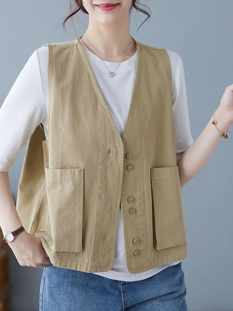 Retro Cotton Workwear Vest Ladies Oversized Sleeveless Jacket Loose Fit Button up Vest Top for Autumn Commute Style
Retro Cotton Workwear Vest Ladies Oversized Sleeveless Jacket Loose Fit Button up Vest Top for Autumn Commute Style