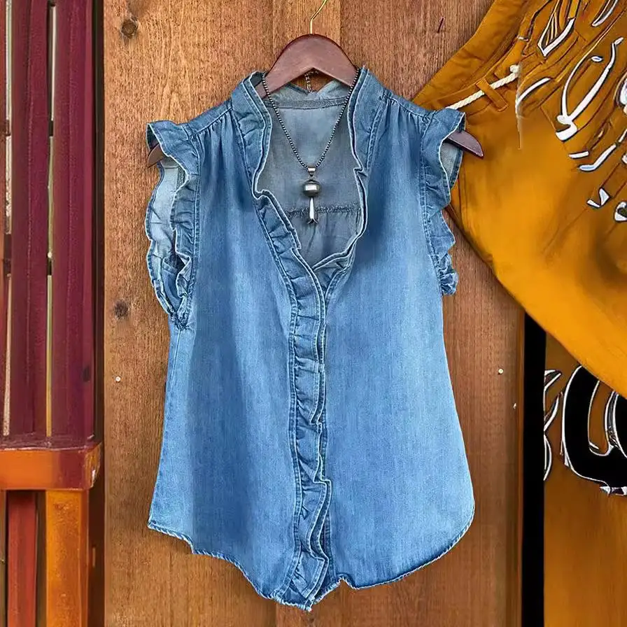 Women's Ruffled Denim Shirt Short Sleeve Floral Trimmed Blue Jeans Shirt Feminine Touch for Casual Wear And Office Attire
Women's Ruffled Denim Shirt Short Sleeve Floral Trimmed Blue Jeans Shirt Feminine Touch for Casual Wear And Office Attire