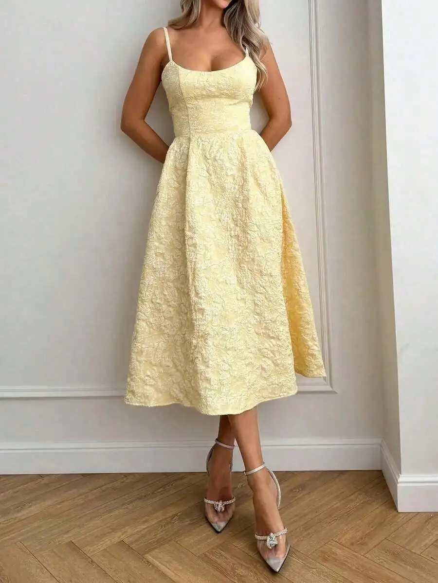 Pale Yellow 3D Floral-Embossed Spaghetti Strap Midi Dress, Tailored Waist, Lightweight Flowy Skirt For Summer Weddings And
Pale Yellow 3D Floral-Embossed Spaghetti Strap Midi Dress, Tailored Waist, Lightweight Flowy Skirt For Summer Weddings And