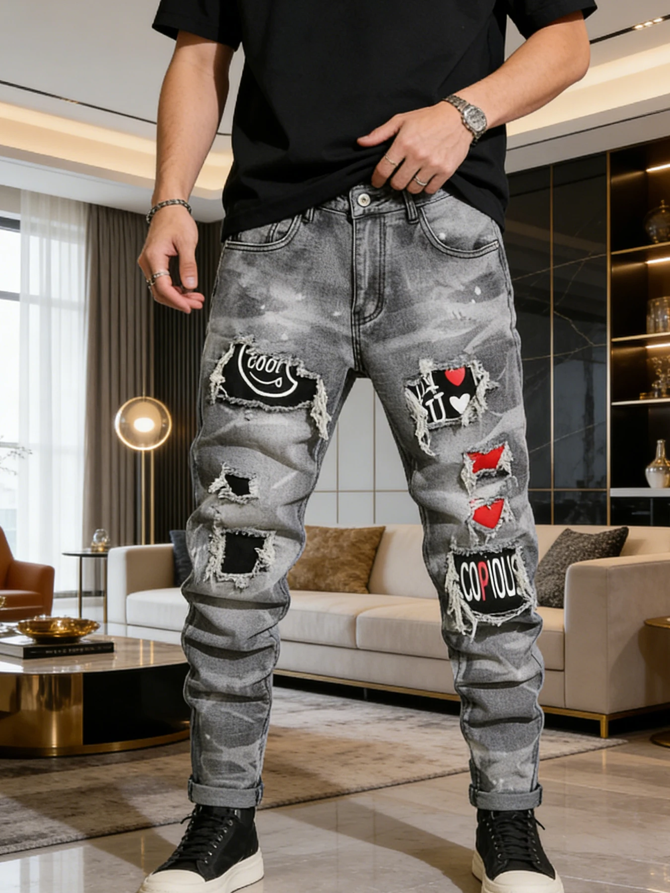 Retro stylish gray printed jeans for men with heavy-duty large ripped patch slim trendy long pants
Retro stylish gray printed jeans for men with heavy-duty large ripped patch slim trendy long pants