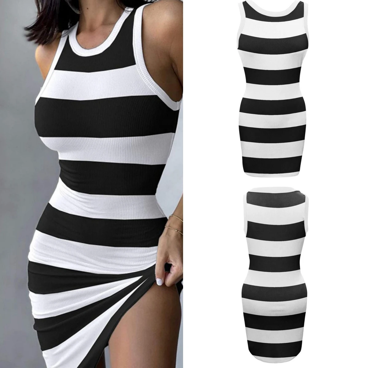 Striped Dress Women Print Round Neck Sleeveless Slim Fit Wrap Hip Dresses Casual Sheath Spliced Lady Vestidos Beach Elegant 
Striped Dress Women Print Round Neck Sleeveless Slim Fit Wrap Hip Dresses Casual Sheath Spliced Lady Vestidos Beach Elegant