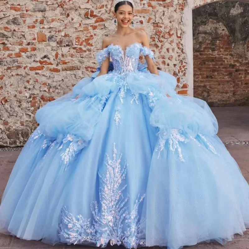 Customized aqua blue Quinceanera Dresses Off the Shoulder glitter applique 3D flower Lace Long tail Vestido 15 Quinceanera
Customized aqua blue Quinceanera Dresses Off the Shoulder glitter applique 3D flower Lace Long tail Vestido 15 Quinceanera
