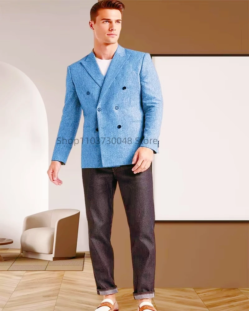 Blue Linen Men's Suit Blazer Prom Groom Tuxedos Summer Peak Lapel Double Breasted Tops Bussiness/Wedding Jacket Only One Coat
Blue Linen Men's Suit Blazer Prom Groom Tuxedos Summer Peak Lapel Double Breasted Tops Bussiness/Wedding Jacket Only One Coat