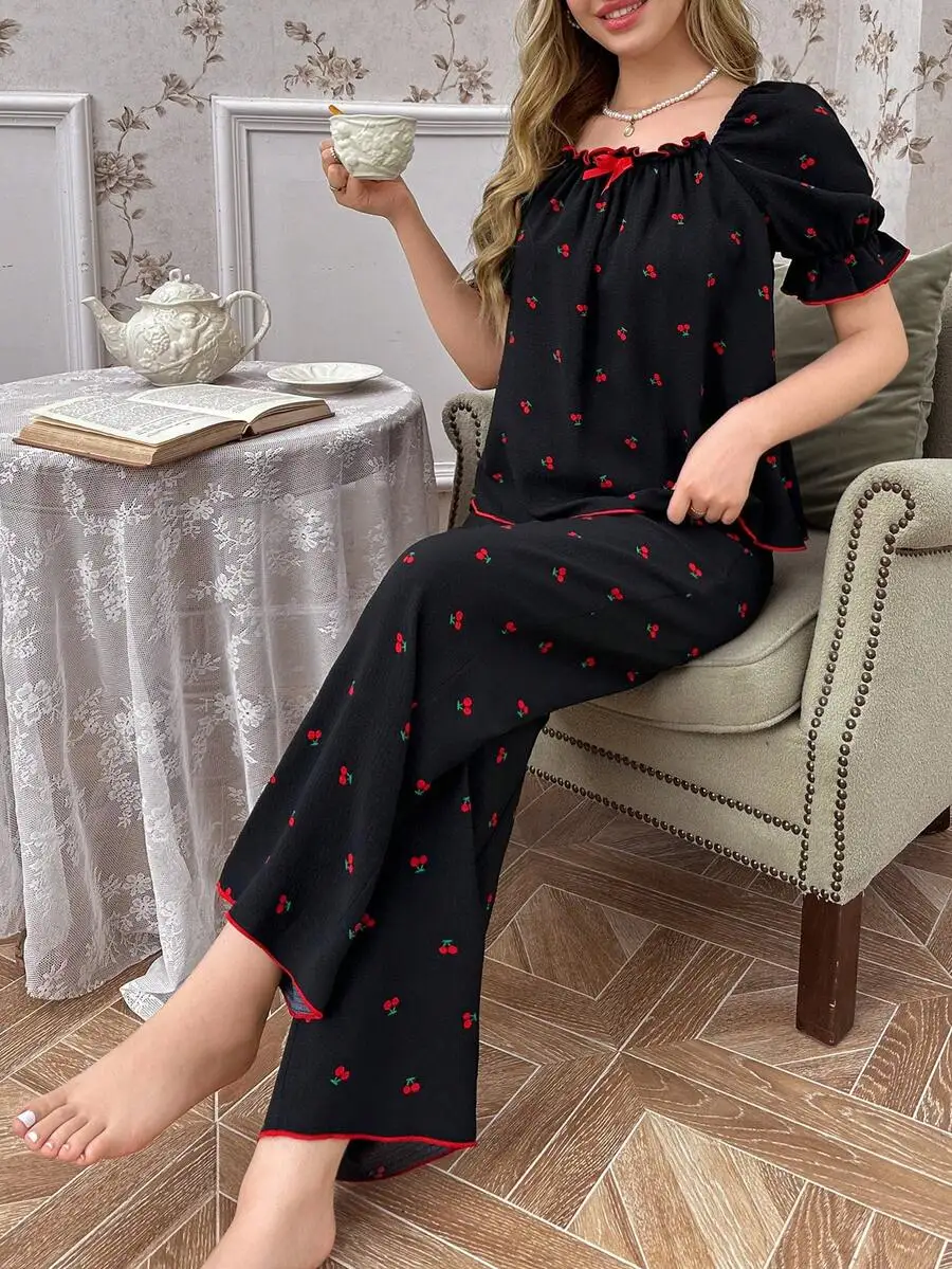 Cherry Print Square Neck Puff Sleeve Women Pajama Set Black Sleepwear
Cherry Print Square Neck Puff Sleeve Women Pajama Set Black Sleepwear