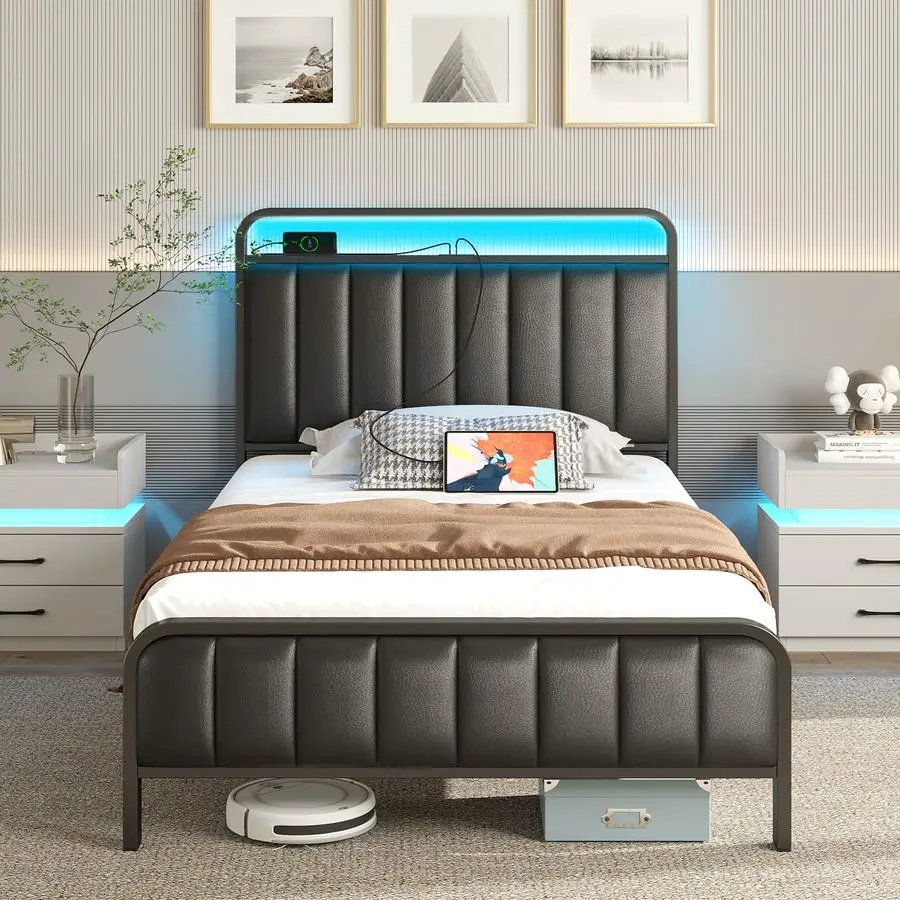 Twin Size Bed Frame with LED Light and Charging Station, Upholstered Headboard and Footboard, Metal Slat, Noise Free, Easy Assem
Twin Size Bed Frame with LED Light and Charging Station, Upholstered Headboard and Footboard, Metal Slat, Noise Free, Easy Assem