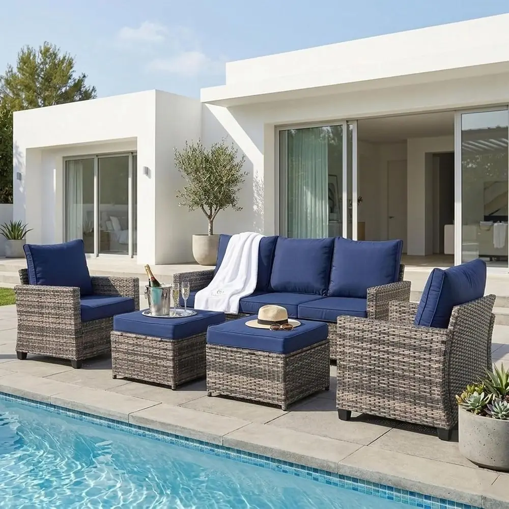 7-Piece Outdoor Wicker Sectional Sofa Set with Thick Cushions, All-Weather Patio Furniture for Backyard or Garden in Blue
7-Piece Outdoor Wicker Sectional Sofa Set with Thick Cushions, All-Weather Patio Furniture for Backyard or Garden in Blue