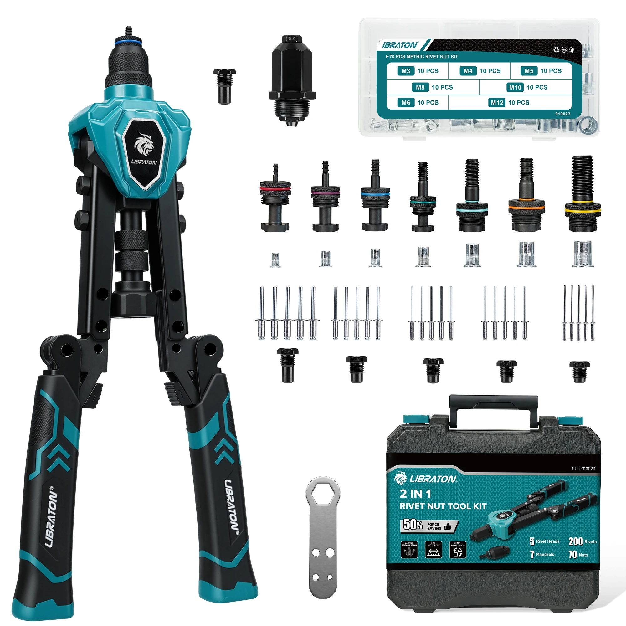 2in1 Folding Rivet Nut Tool and Rivet Gun Kit with 7 Mandrels ((M3-M12) Includes 70 Nuts & 200 Pop Rivets for DIY & Repair
2in1 Folding Rivet Nut Tool and Rivet Gun Kit with 7 Mandrels ((M3-M12) Includes 70 Nuts & 200 Pop Rivets for DIY & Repair