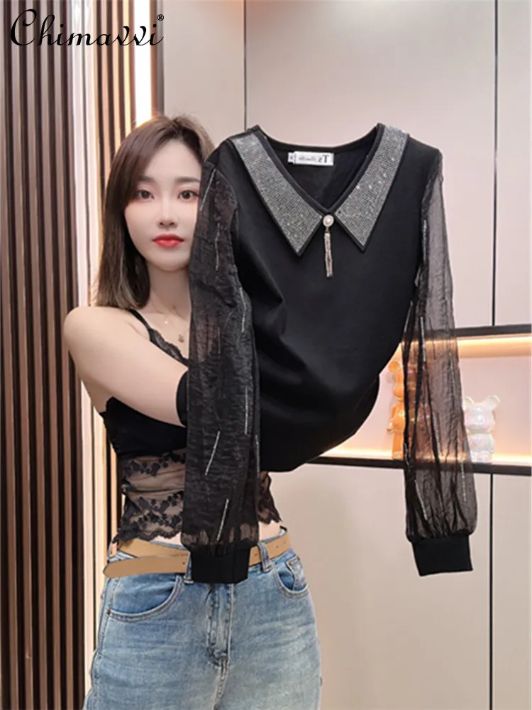 Exquisite Rhinestone Lapel Long-Sleeved T-shirt for Women Autumn New Fashion Slim Top Elegant Mesh Stitching Bottoming Shirt
Exquisite Rhinestone Lapel Long-Sleeved T-shirt for Women Autumn New Fashion Slim Top Elegant Mesh Stitching Bottoming Shirt