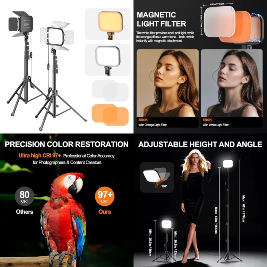 2-Pack LED Video Light, Portable 3000-5500K CRI97+ Studio Lights with 62" Tripod Stand, Magnetic Light Barndoor and Filters, Bi
2-Pack LED Video Light, Portable 3000-5500K CRI97+ Studio Lights with 62" Tripod Stand, Magnetic Light Barndoor and Filters, Bi