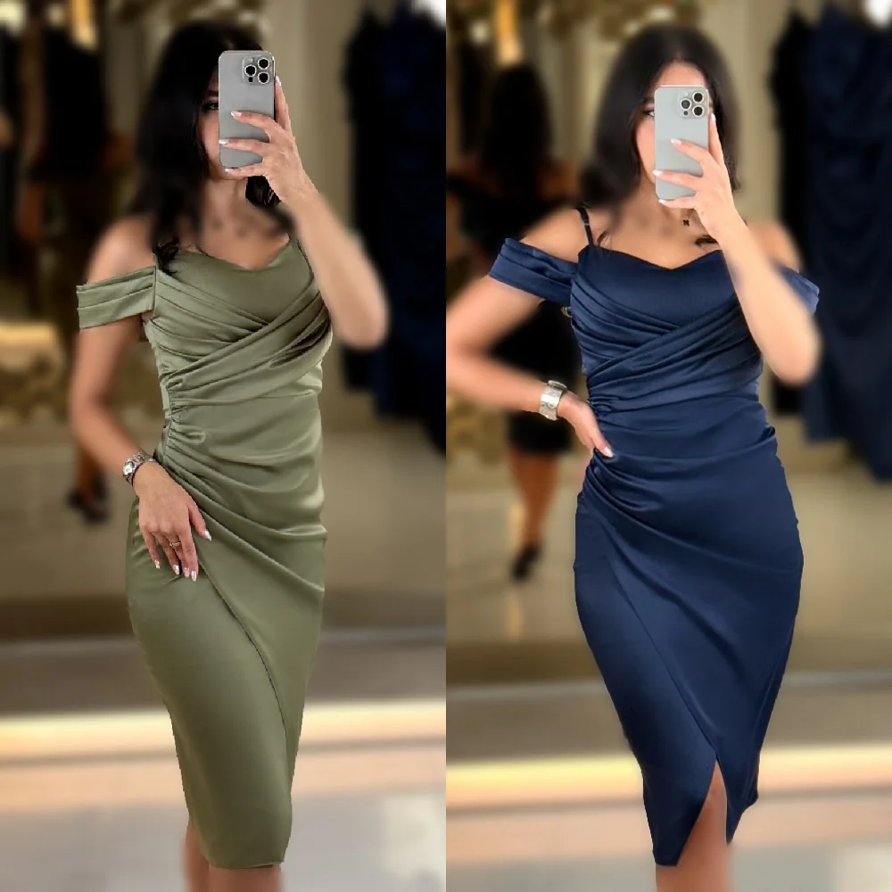 Customized Modern Style Classic Charmeuse Ruched Column Off-the-shoulder Knee Length Dresses Bespoke Occasion Dresses Fashion
Customized Modern Style Classic Charmeuse Ruched Column Off-the-shoulder Knee Length Dresses Bespoke Occasion Dresses Fashion