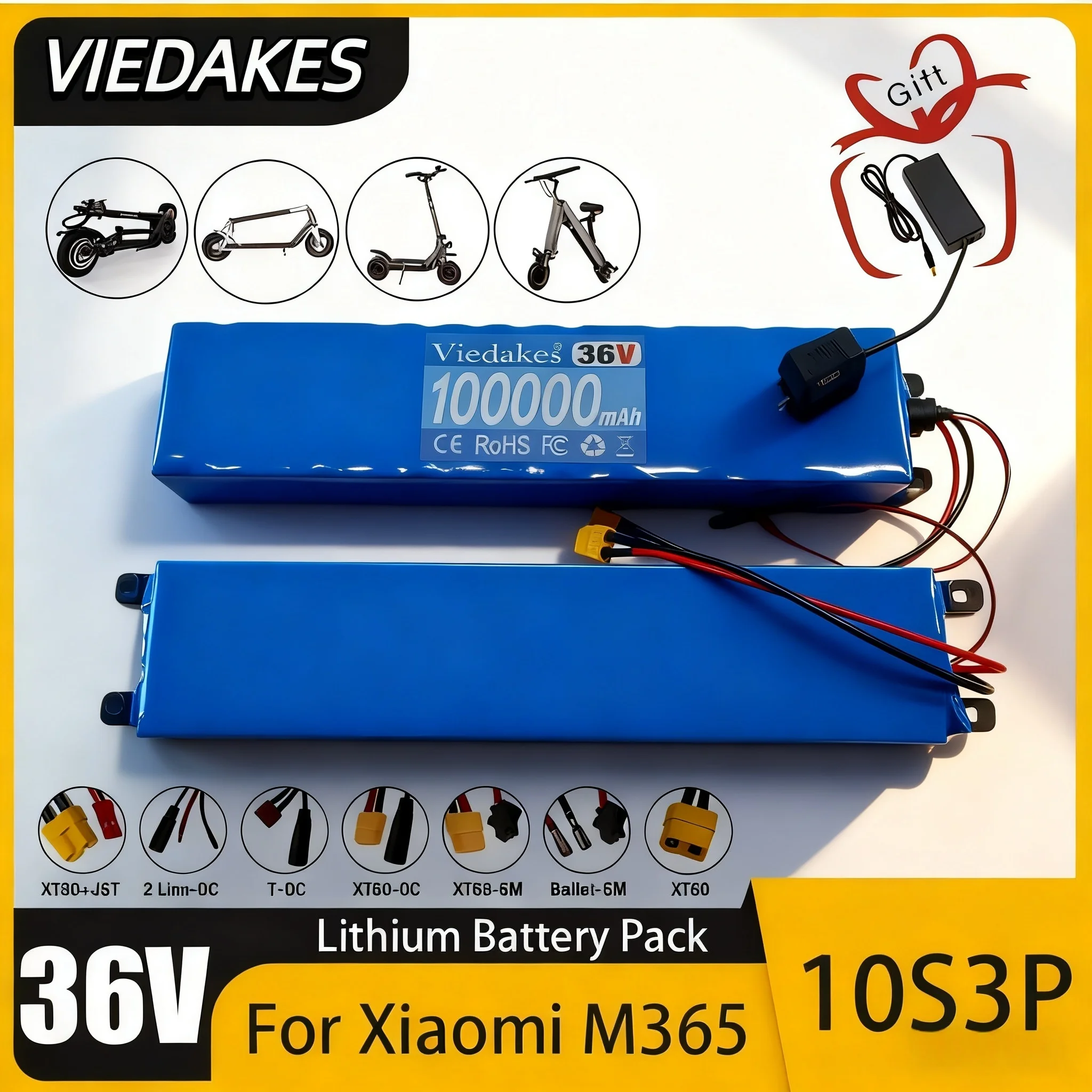 VIEDAKES XT-60/T plug 10S3P 36V 100Ah 18650 rechargeable lithium-ion battery pack, built-in BMS circuit protection board
VIEDAKES XT-60/T plug 10S3P 36V 100Ah 18650 rechargeable lithium-ion battery pack, built-in BMS circuit protection board