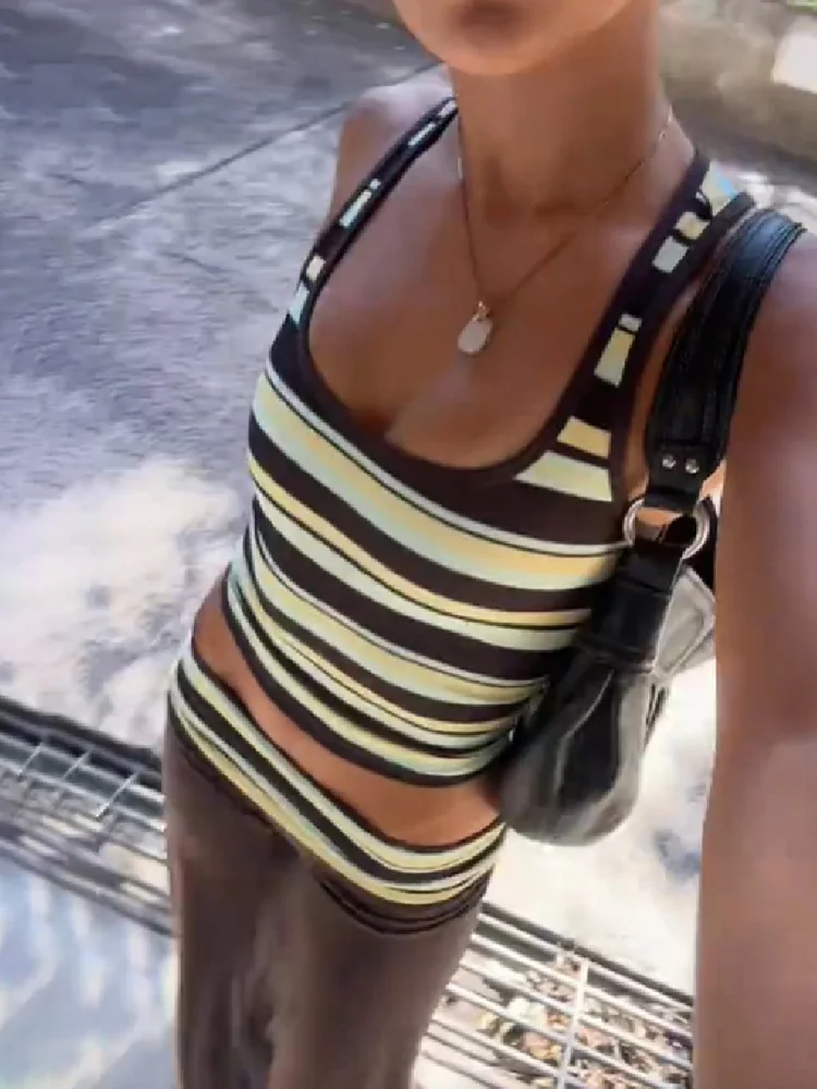 Women's Two Piece Outfit Striped Ribbed Crop Tank Top Brown Low Waist Flare Pants Y2k Sleeveless Wide Leg Trousers Matching Set
Women's Two Piece Outfit Striped Ribbed Crop Tank Top Brown Low Waist Flare Pants Y2k Sleeveless Wide Leg Trousers Matching Set