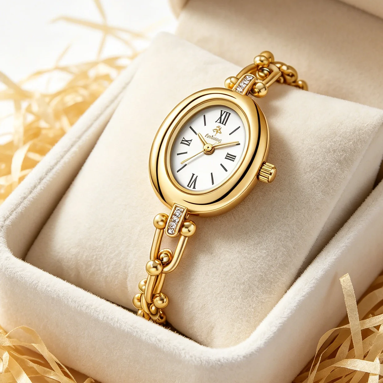 YaLaLuSi Retro Oval Gold Bead Chain Women Watch White Roman Dial Rhinestone Decor Elegant Ladies Daily Quartz Bracelet Watch
YaLaLuSi Retro Oval Gold Bead Chain Women Watch White Roman Dial Rhinestone Decor Elegant Ladies Daily Quartz Bracelet Watch