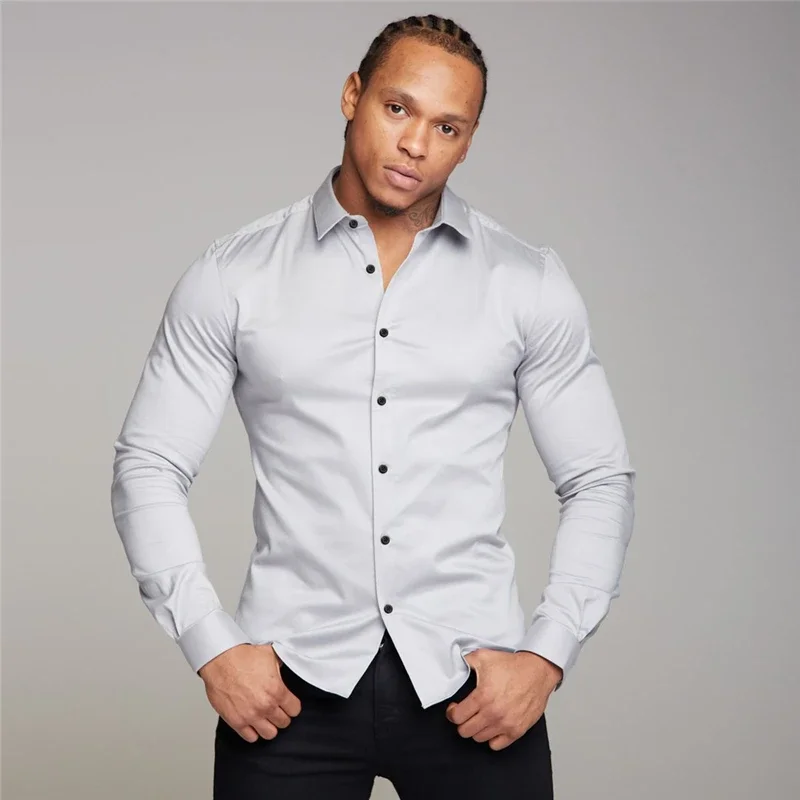 New Autumn Fashion Men Solid Color Fitness Turn-down Collar Button Super Slim Fit Muscleguys Business Dress Shirt
New Autumn Fashion Men Solid Color Fitness Turn-down Collar Button Super Slim Fit Muscleguys Business Dress Shirt