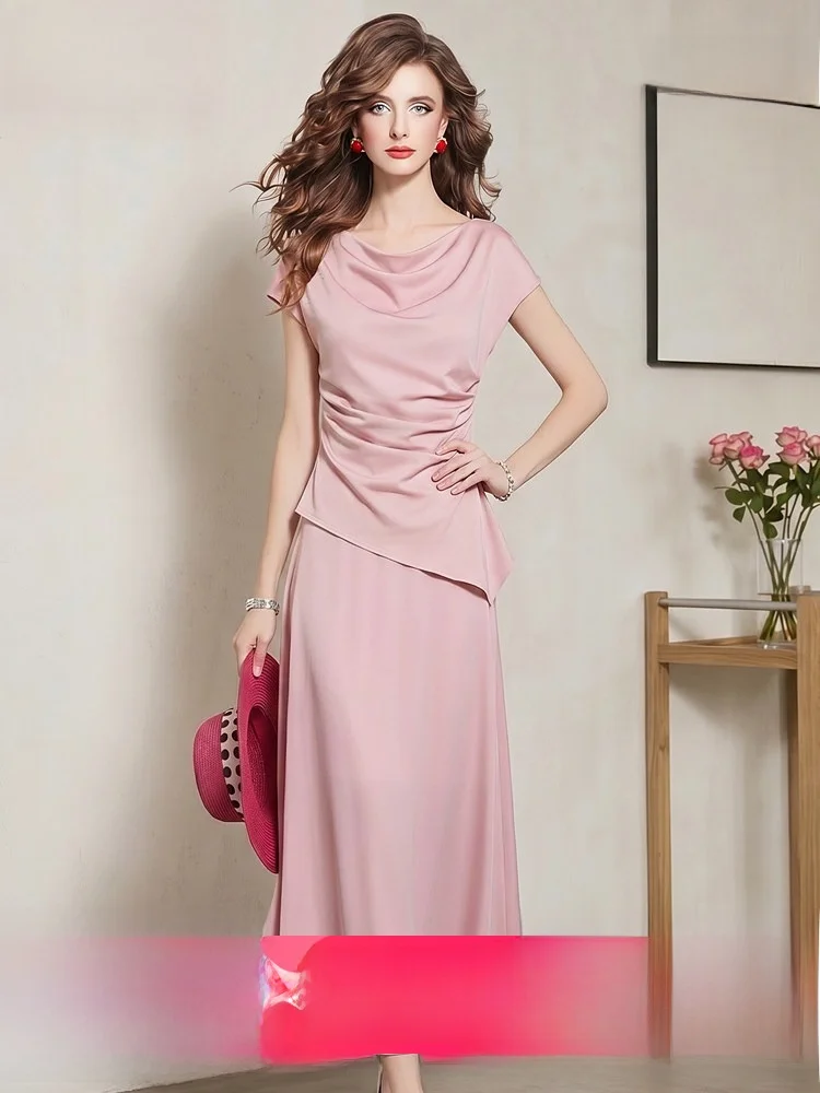 Fashionable Pleated Asymmetric Collar Top And Skirt Set Women's Summer Outfit Two-Piece Ensemble Polyester Fiber Midi Skirt
Fashionable Pleated Asymmetric Collar Top And Skirt Set Women's Summer Outfit Two-Piece Ensemble Polyester Fiber Midi Skirt