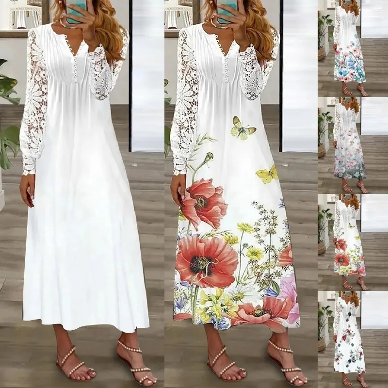 2024 New Women's Lace Splice Long SLeeve Summer Dress Party Dress Button V Neck Dress Printed Long Dresses
2024 New Women's Lace Splice Long SLeeve Summer Dress Party Dress Button V Neck Dress Printed Long Dresses