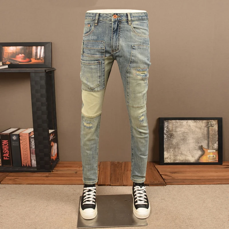 Street Designer Fashion Men Jeans Retro Washed Blue Stretch Slim Fit Patched Ripped Jeans Men Multi Pockets Hip Hop Denim Pants
Street Designer Fashion Men Jeans Retro Washed Blue Stretch Slim Fit Patched Ripped Jeans Men Multi Pockets Hip Hop Denim Pants