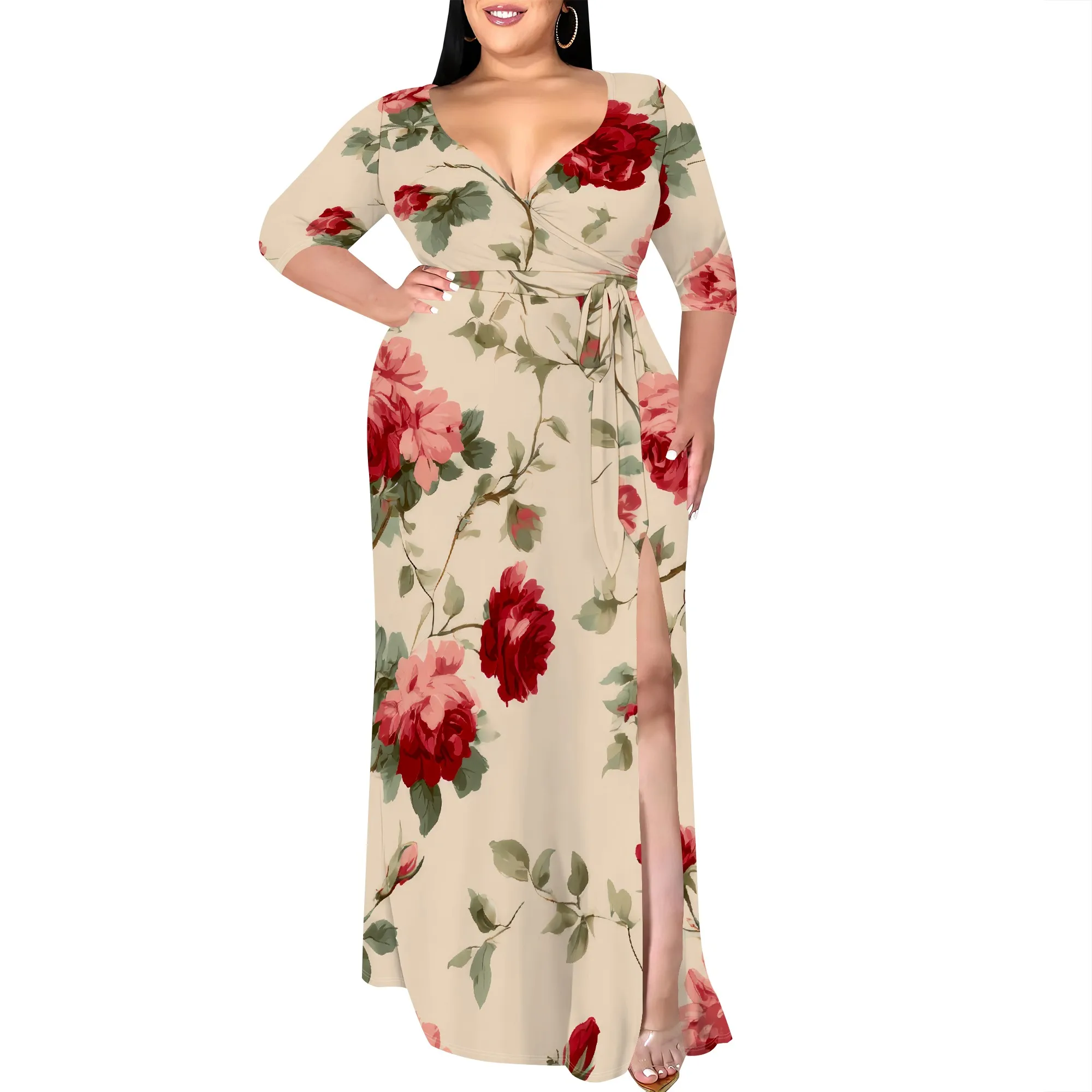 Plus Size Women's Dress Bohemian Style V-Neck 3/4 Sleeves Side Slit with Belt Wrap Maxi Dress for Beach Party
Plus Size Women's Dress Bohemian Style V-Neck 3/4 Sleeves Side Slit with Belt Wrap Maxi Dress for Beach Party