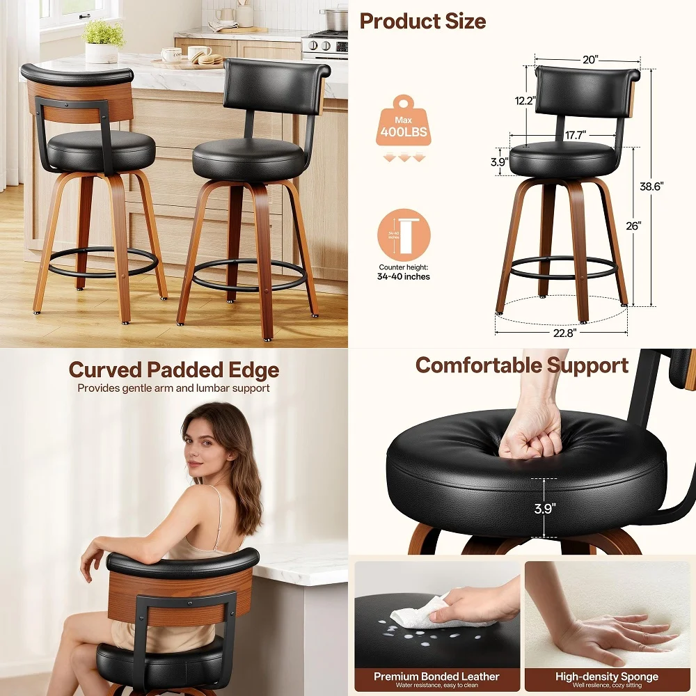 Counter Height Bar Stools Set of 2, 26 Upholstered Bonded Leather Barstools with Back, Mid Century Modern Bar Chairs with Bent
Counter Height Bar Stools Set of 2, 26 Upholstered Bonded Leather Barstools with Back, Mid Century Modern Bar Chairs with Bent