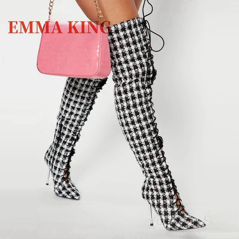 Women Plaid Lace Up Boots Sexy Pointy Toe Stiletto Heel Long Boots Ladies Fashion Footwear Non- Stretch Fabric Botas De Mujer 44
Women Plaid Lace Up Boots Sexy Pointy Toe Stiletto Heel Long Boots Ladies Fashion Footwear Non- Stretch Fabric Botas De Mujer 44