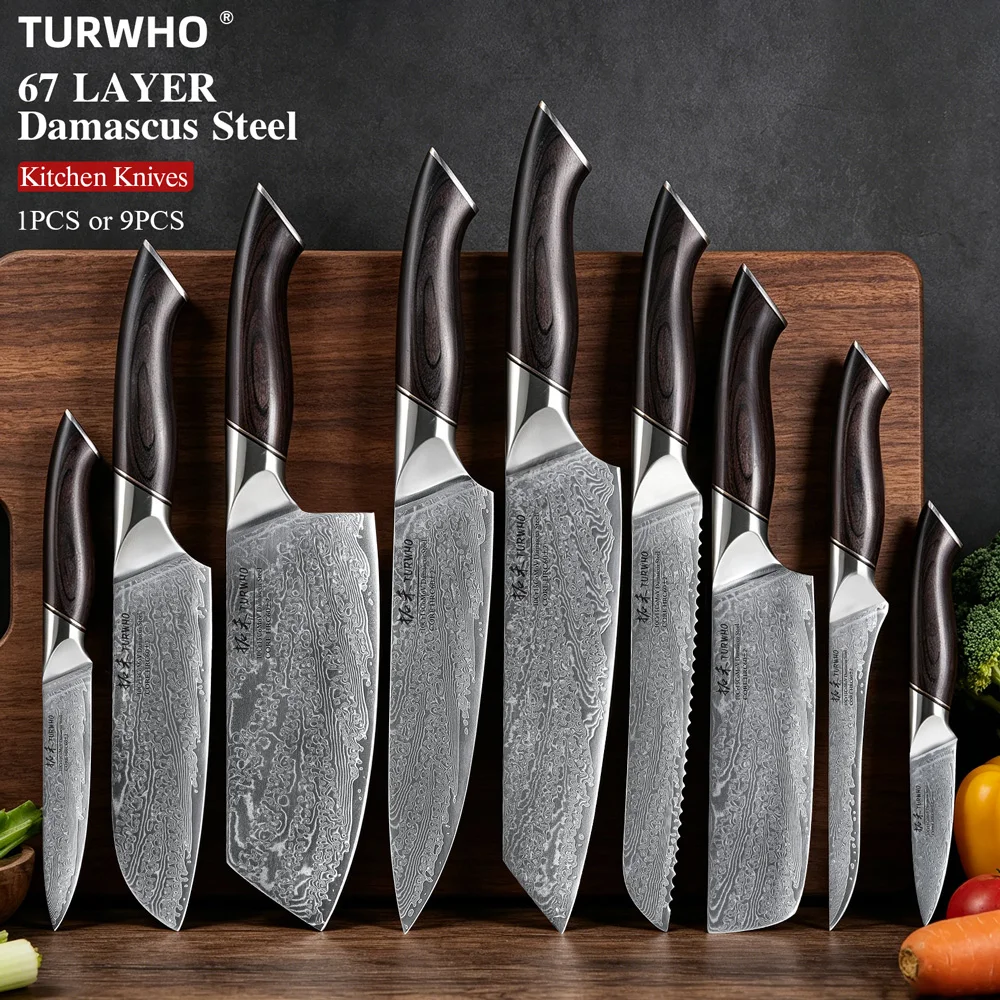 TURWHO 1PC-9PCS Kitchen Chef Knives Set 67 Layer Real Damascus Steel Cleaver Bread Paring Boning Utility Knives Cooking Tools
TURWHO 1PC-9PCS Kitchen Chef Knives Set 67 Layer Real Damascus Steel Cleaver Bread Paring Boning Utility Knives Cooking Tools