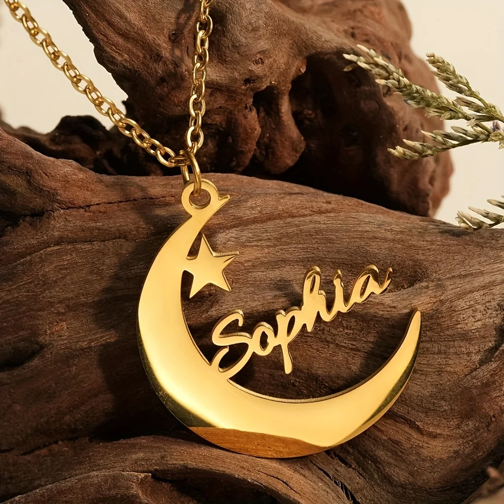 Personalized 18K Gold-Plated Moon & Star Necklace for Women Elegant Custom Jewelry with Engraved Name for Women and Men
Personalized 18K Gold-Plated Moon & Star Necklace for Women Elegant Custom Jewelry with Engraved Name for Women and Men