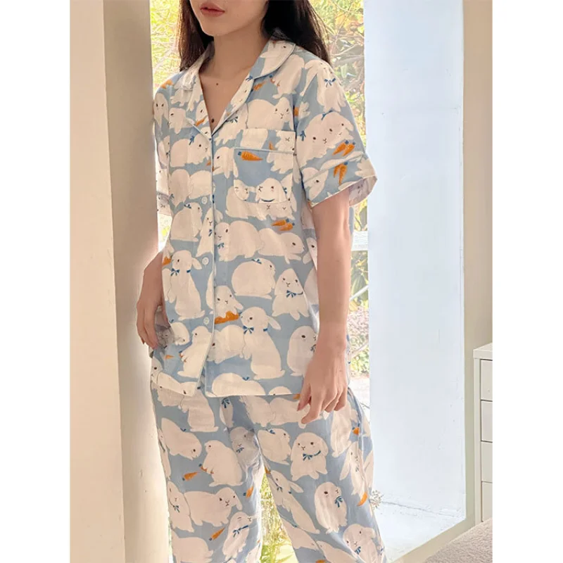 Spring Bamboo Cotton Gauze Pajama Sets Four-Color Cute Rabbit Print Short Sleeve Trousers Turn-Down Collar Loungewear for Women
Spring Bamboo Cotton Gauze Pajama Sets Four-Color Cute Rabbit Print Short Sleeve Trousers Turn-Down Collar Loungewear for Women