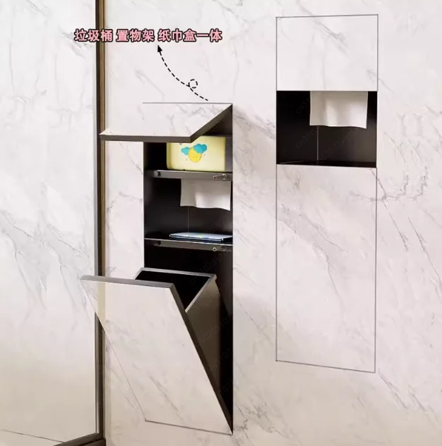 Встраиваемый металлический шкаф из нержавеющей стали 304 с нишей для скрытого мусорного бака и диспенсером для салфеток для туалета
Встраиваемый металлический шкаф из нержавеющей стали 304 с нишей для скрытого мусорного бака и диспенсером для салфеток для туалета