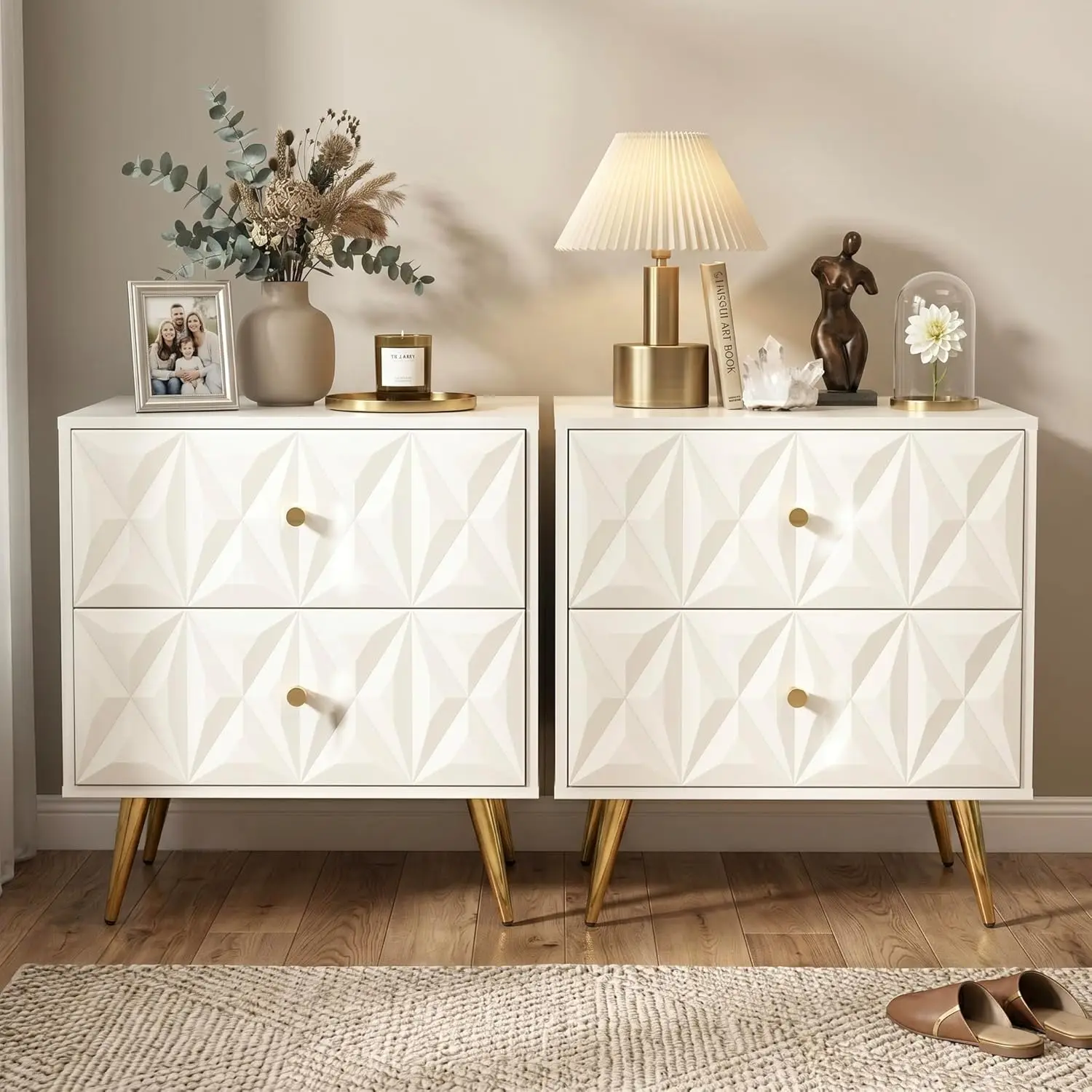 Nightstand Set Of 2, White And Gold Nightstands With 2 Diamond Pattern Drawers, Modern End Table Side Table With, Customized
Nightstand Set Of 2, White And Gold Nightstands With 2 Diamond Pattern Drawers, Modern End Table Side Table With, Customized