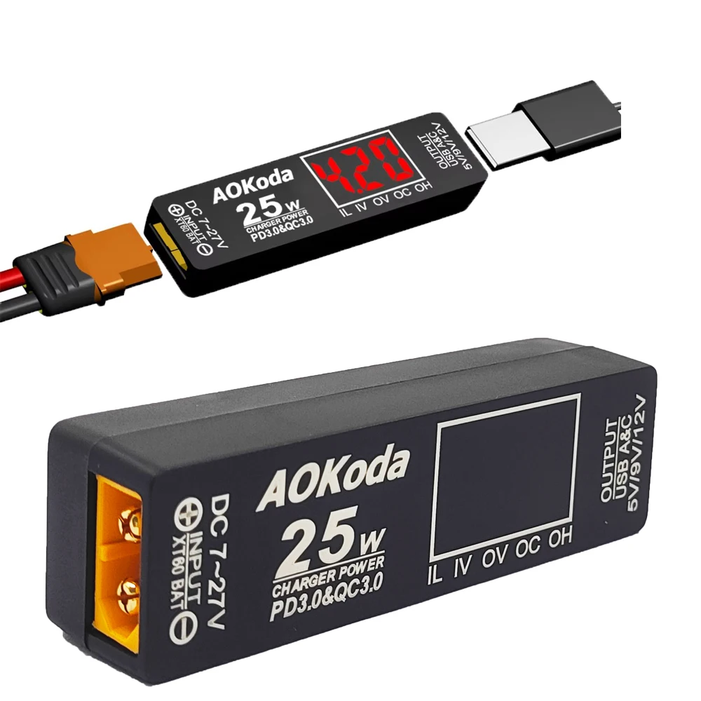 AOKoda PD3.0 charger xt60 to USB power fast converter/xt60 to T plug, used for toy airplane model batteries
AOKoda PD3.0 charger xt60 to USB power fast converter/xt60 to T plug, used for toy airplane model batteries