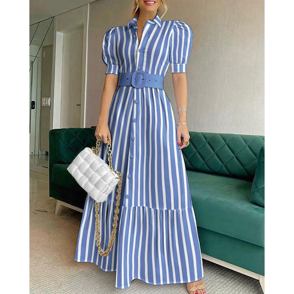 Autumn Spring Women Striped Print Lantern Sleeve Maxi Shirt Dress Female Party Long Elegant New in Dresses Korean Style
Autumn Spring Women Striped Print Lantern Sleeve Maxi Shirt Dress Female Party Long Elegant New in Dresses Korean Style