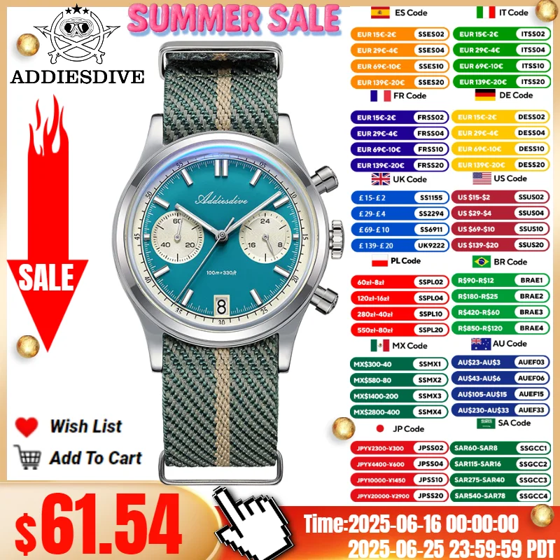 ADDIESDIVE TOP Men‘s Watch Bubble Mirror Glass 316L Steel BGW9 Blue Luminous 10Bar Waterproof Chronograph VK64 Quartz Watch
ADDIESDIVE TOP Men‘s Watch Bubble Mirror Glass 316L Steel BGW9 Blue Luminous 10Bar Waterproof Chronograph VK64 Quartz Watch