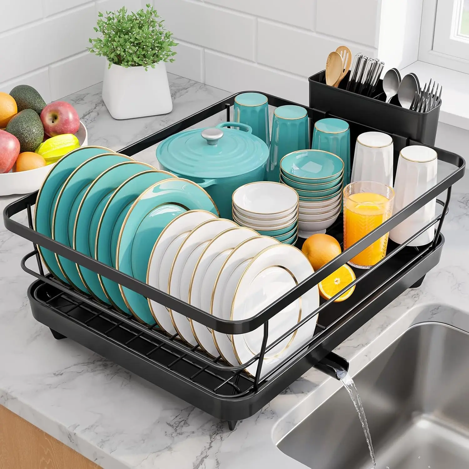 Compact Stainless Steel Dish Drying Rack with Utensil Holder, Black, 12''W x 15.5''L for Kitchen Organization
Compact Stainless Steel Dish Drying Rack with Utensil Holder, Black, 12''W x 15.5''L for Kitchen Organization