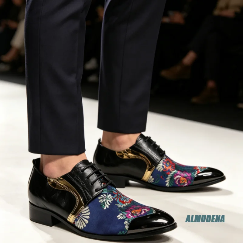 Pointed Toe Floral Patchwork Men Oxford Shoes Lace Up Dress Shoes Gold Metallic Trim Formal Business Fashion Shoes For Gentlemen
Pointed Toe Floral Patchwork Men Oxford Shoes Lace Up Dress Shoes Gold Metallic Trim Formal Business Fashion Shoes For Gentlemen