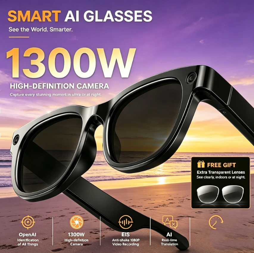 AI Smart Glasses Intelligent Recognition Long Battery Life 1300W HD Camera Shooting Anti-shake Listening To Music Smart Glasses
AI Smart Glasses Intelligent Recognition Long Battery Life 1300W HD Camera Shooting Anti-shake Listening To Music Smart Glasses